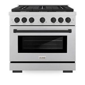 ZLINE Autograph Edition 36 in. 5.2 cu. ft. 6 Burner Gas Range with Convection Gas Oven in DuraSnow® Stainless Steel and Matte Black Accents (SGRSZ-36-MB) front, oven closed.