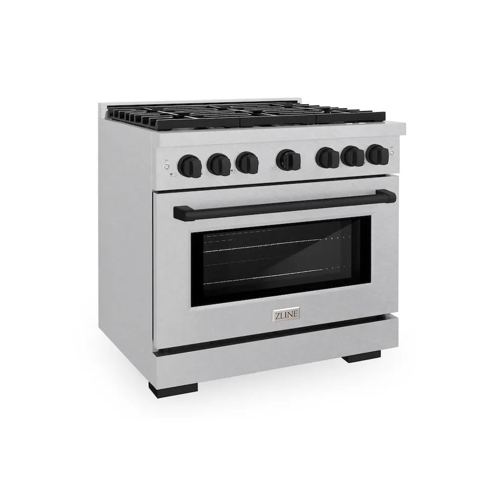 ZLINE Autograph Edition 36 in. 5.2 cu. ft. 6 Burner Paramount Gas Range with Convection Gas Oven in Satin Stainless Steel and Matte Black Accents (SGRSZ-36-MB) main image.