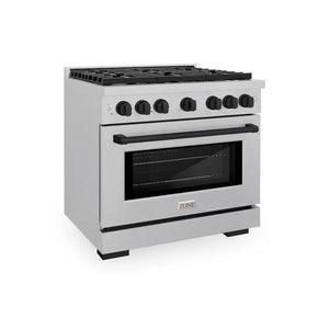 ZLINE Autograph Edition 36 in. 5.2 cu. ft. 6 Burner Paramount Gas Range with Convection Gas Oven in Satin Stainless Steel and Matte Black Accents (SGRSZ-36-MB) main image.