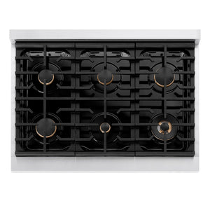ZLINE Autograph Edition 36 in. 5.2 cu. ft. 6 Burner Gas Range with Convection Gas Oven in DuraSnow® Stainless Steel and Matte Black Accents (SGRSZ-36-MB) from above, showing gas cooktop.
