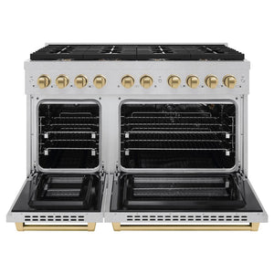 ZLINE Autograph Edition 48 in. 6.7 cu. ft. 8 Burner Double Oven Gas Range in DuraSnow® Stainless Steel and Champagne Bronze Accents (SGRSZ-48-CB) front, oven open.