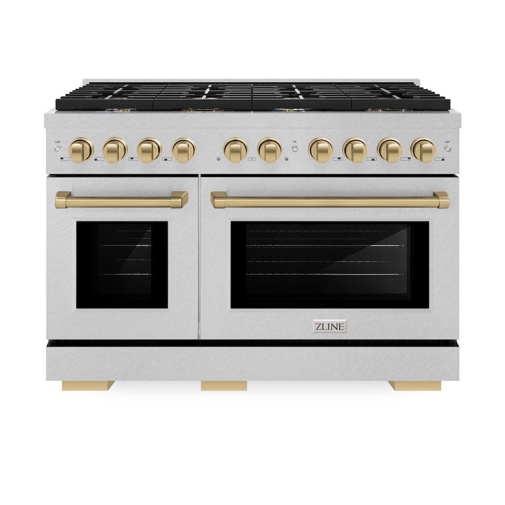 ZLINE Autograph Edition 48 in. 6.7 cu. ft. 8 Burner Double Oven Gas Range in DuraSnow® Stainless Steel and Champagne Bronze Accents (SGRSZ-48-CB) front, oven closed.