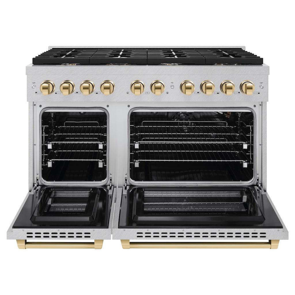 ZLINE Autograph Edition 48 in. 6.7 cu. ft. 8 Burner Double Oven Gas Range in DuraSnow® Stainless Steel and Polished Gold Accents (SGRSZ-48-G) front, with oven open.