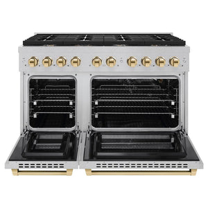 ZLINE Autograph Edition 48 in. 6.7 cu. ft. 8 Burner Double Oven Gas Range in DuraSnow® Stainless Steel and Polished Gold Accents (SGRSZ-48-G) front, with oven open.