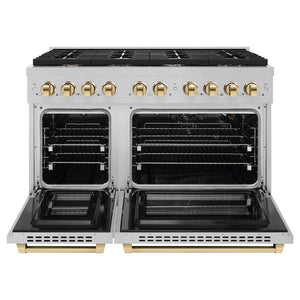 ZLINE Autograph Edition 48 in. 6.7 cu. ft. 8 Burner Double Oven Gas Range in DuraSnow® Stainless Steel and Polished Gold Accents (SGRSZ-48-G) front, oven open.