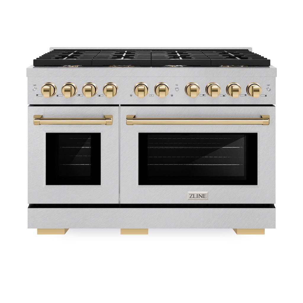 ZLINE Autograph Edition 48 in. 6.7 cu. ft. 8 Burner Double Oven Gas Range in DuraSnow® Stainless Steel and Polished Gold Accents (SGRSZ-48-G) front, oven closed.