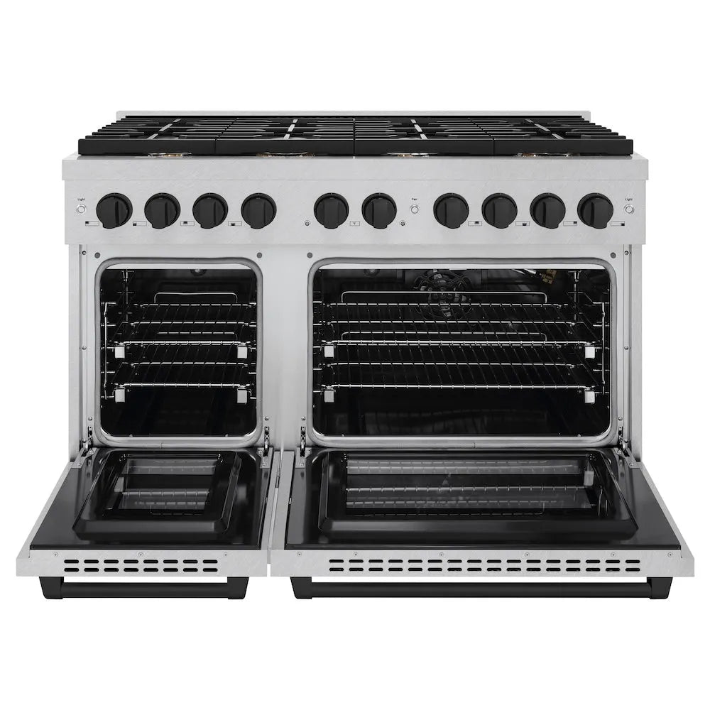 ZLINE Autograph Edition 48 in. 6.7 cu. ft. Paramount Double Oven Gas Range with 8 Burner Cooktop in Satin Stainless Steel and Matte Black Accents (SGRSZ-48-MB) front, open.