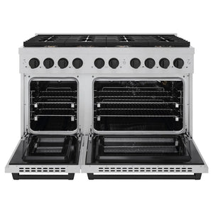 ZLINE Autograph Edition 48 in. 6.7 cu. ft. Paramount Double Oven Gas Range with 8 Burner Cooktop in Satin Stainless Steel and Matte Black Accents (SGRSZ-48-MB) front, open.