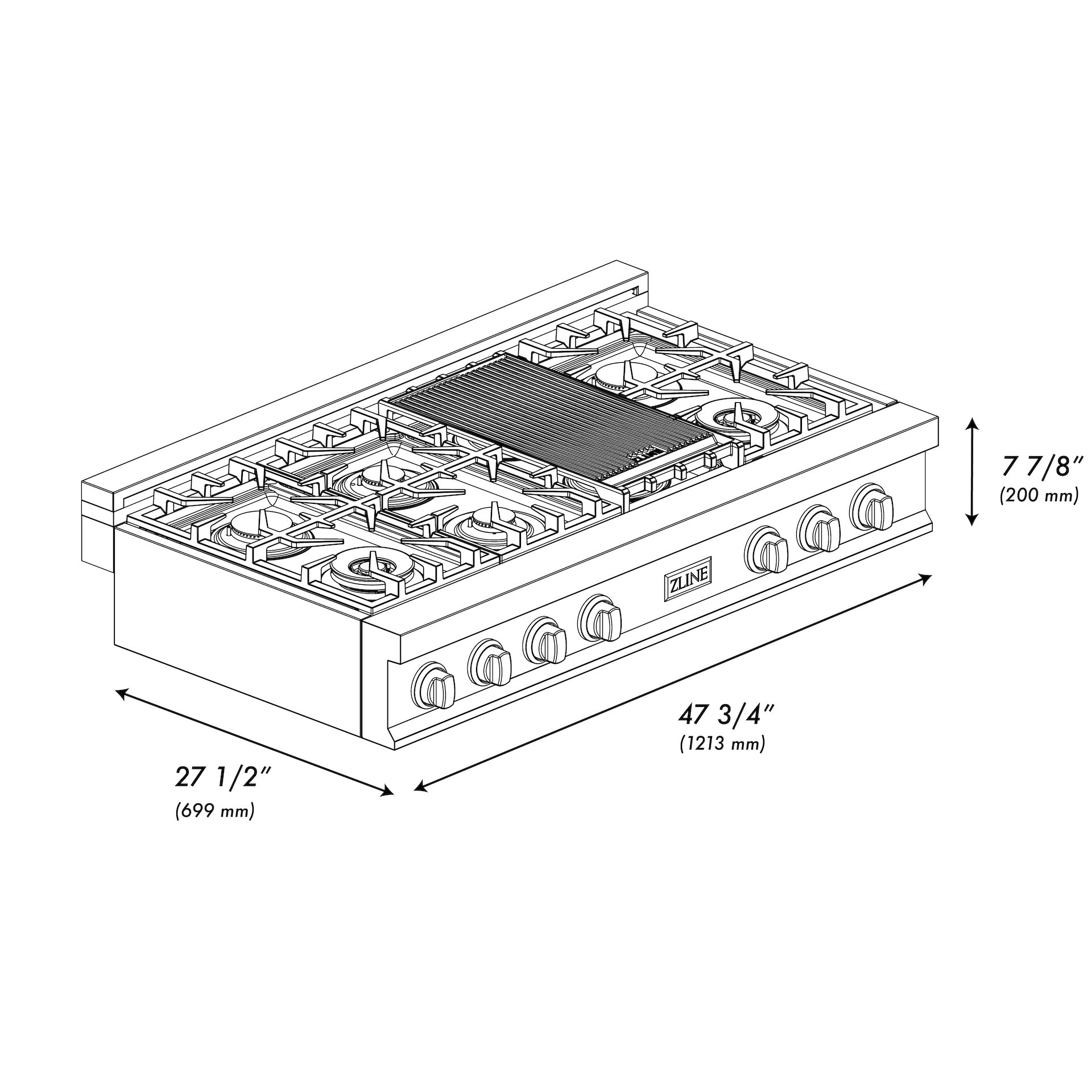 ZLINE Autograph Edition 48 in. Porcelain Rangetop with 7 Gas Burners in DuraSnow® Stainless Steel and Matte Black Accents (RTSZ-48-MB) dimensional diagram with measurements.