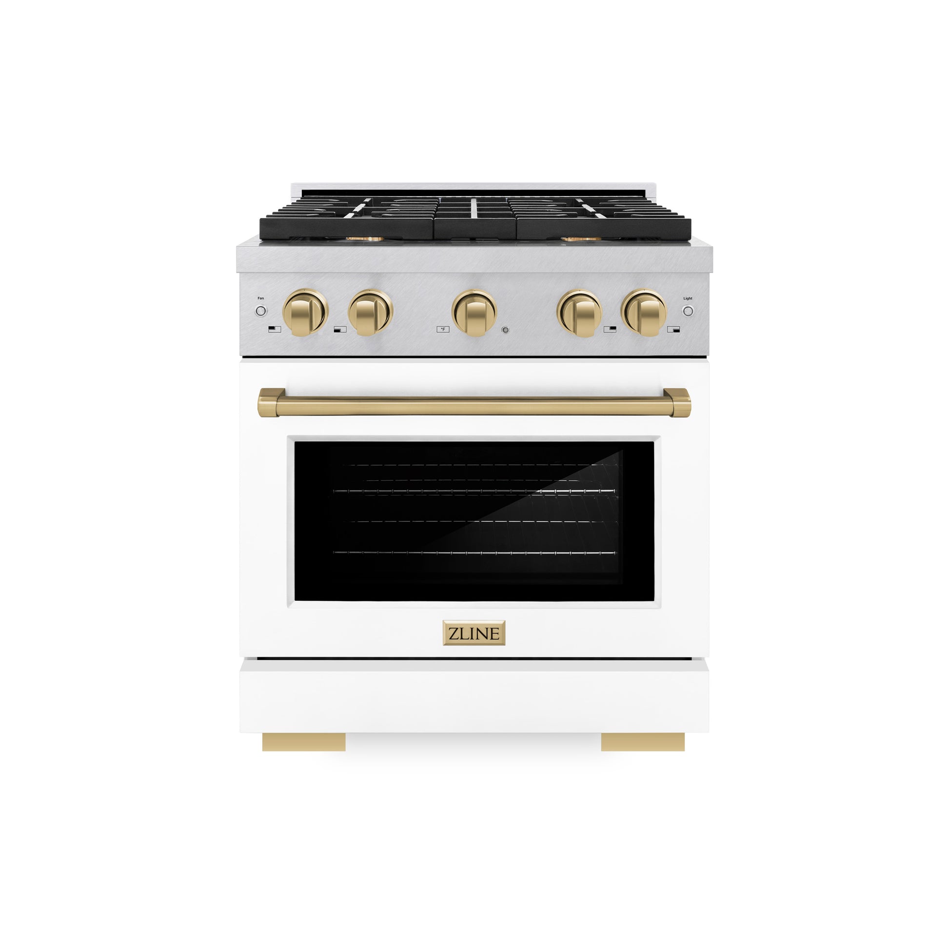 ZLINE Autograph Edition 30 in. 4.2 cu. ft. Paramount Dual Fuel Range with 4 Burner Gas Cooktop and Electric Convection Oven in DuraSnow® Stainless Steel with White Matte Door and Champagne Bronze Accents (SDRSZ-WM-30-CB) front, oven closed.