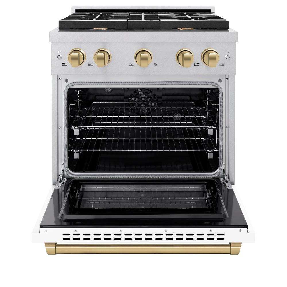 ZLINE Autograph Edition 30 in. 4.2 cu. ft. Paramount Dual Fuel Range with 4 Burner Gas Cooktop and Electric Convection Oven in DuraSnow® Stainless Steel with White Matte Door and Champagne Bronze Accents (SDRSZ-WM-30-CB) front, oven open.