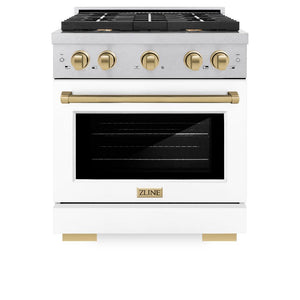 ZLINE Autograph Edition 30 in. 4.2 cu. ft. Paramount Dual Fuel Range with 4 Burner Gas Cooktop and Electric Convection Oven in DuraSnow® Stainless Steel with White Matte Door and Champagne Bronze Accents (SDRSZ-WM-30-CB) front, oven closed.