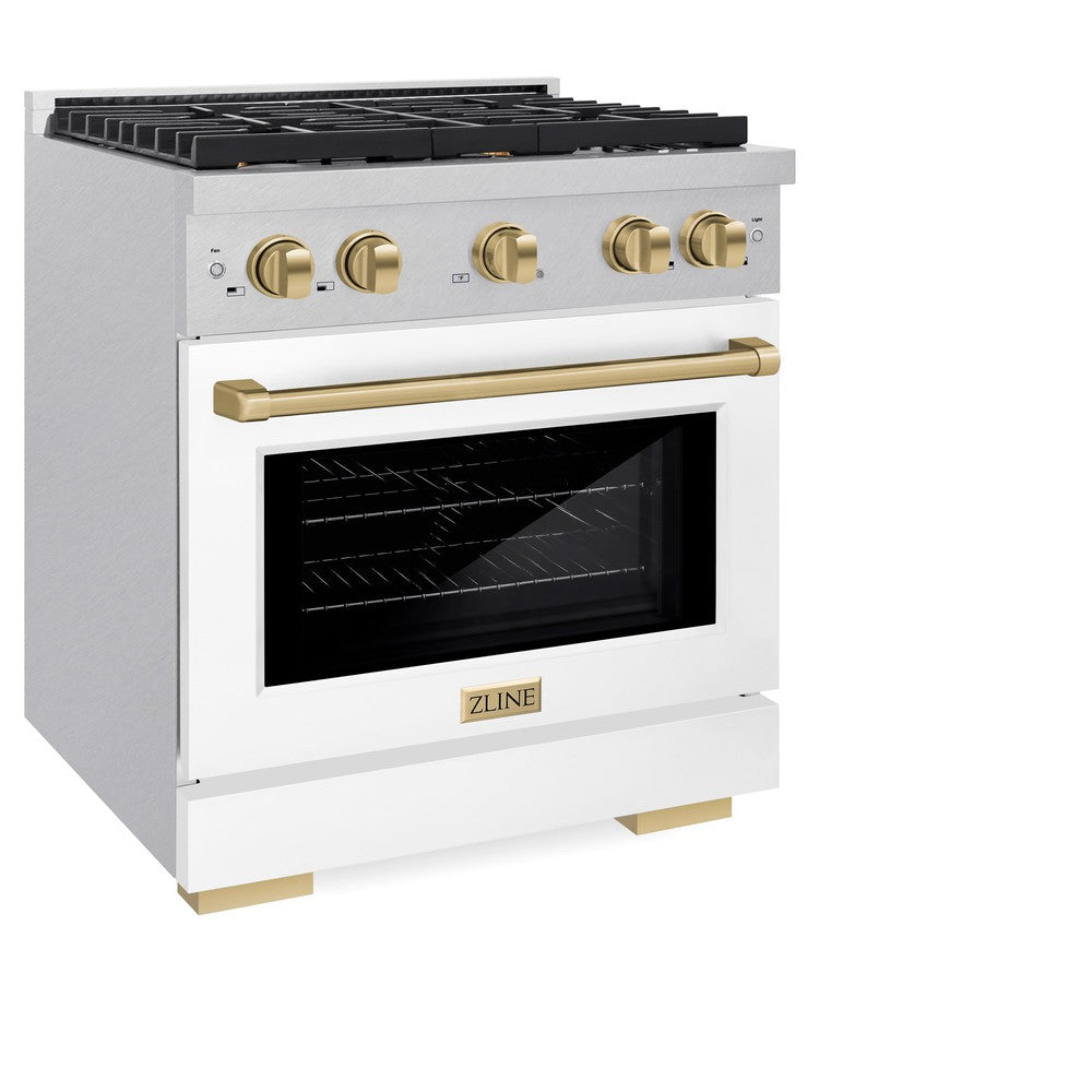 ZLINE Autograph Edition 30 in. 4.2 cu. ft. Paramount Dual Fuel Range with 4 Burner Gas Cooktop and Electric Convection Oven in DuraSnow® Stainless Steel with White Matte Door and Champagne Bronze Accents (SDRSZ-WM-30-CB) side, oven closed.