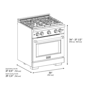 ZLINE Autograph Edition 30 in. 4.2 cu. ft. Paramount Dual Fuel Range with 4 Burner Gas Cooktop and Electric Convection Oven in DuraSnow® Stainless Steel with White Matte Door and Polished Gold Accents (SDRSZ-WM-30-G) dimensional diagram.