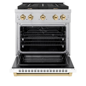 ZLINE Autograph Edition 30 in. 4.2 cu. ft. Paramount Dual Fuel Range with 4 Burner Gas Cooktop and Electric Convection Oven in DuraSnow® Stainless Steel with White Matte Door and Polished Gold Accents (SDRSZ-WM-30-G) front, oven open.