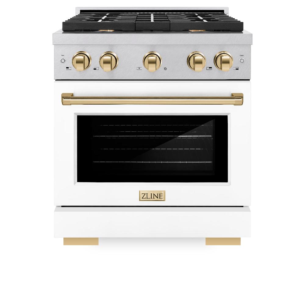 ZLINE Autograph Edition 30 in. 4.2 cu. ft. Paramount Dual Fuel Range with 4 Burner Gas Cooktop and Electric Convection Oven in DuraSnow® Stainless Steel with White Matte Door and Polished Gold Accents (SDRSZ-WM-30-G) front, oven closed.