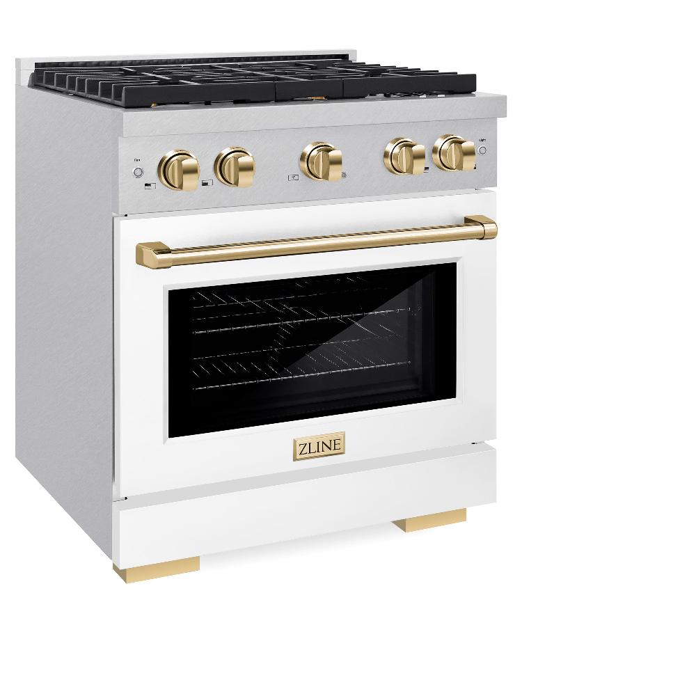 ZLINE Autograph Edition 30 in. 4.2 cu. ft. Paramount Dual Fuel Range with 4 Burner Gas Cooktop and Electric Convection Oven in DuraSnow® Stainless Steel with White Matte Door and Polished Gold Accents (SDRSZ-WM-30-G) side, oven closed.