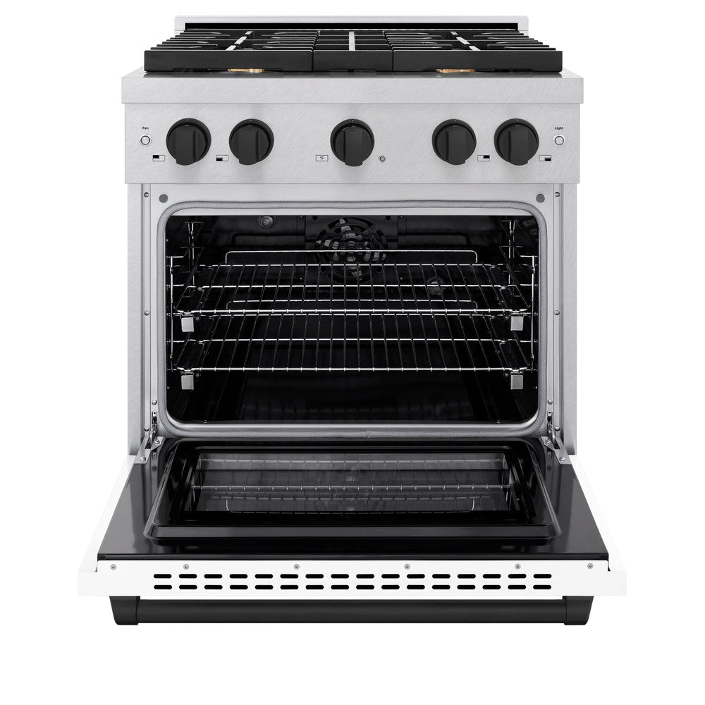 ZLINE Autograph Edition 30 in. 4.2 cu. ft. Paramount Dual Fuel Range with 4 Burner Gas Cooktop and Electric Convection Oven in DuraSnow® Stainless Steel with White Matte Door and Matte Black Accents (SDRSZ-WM-30-MB) front, oven open.