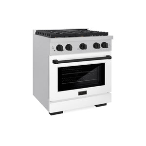 ZLINE Autograph Edition 30 in. 4.2 cu. ft. Paramount Dual Fuel Range with 4 Burner Gas Cooktop and Electric Convection Oven in DuraSnow® Stainless Steel with White Matte Door and Matte Black Accents (SDRSZ-WM-30-MB)