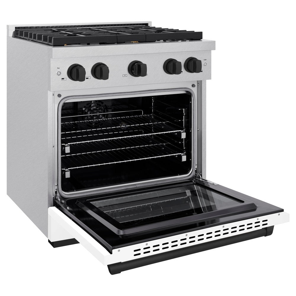 ZLINE Autograph Edition 30 in. 4.2 cu. ft. Paramount Dual Fuel Range with 4 Burner Gas Cooktop and Electric Convection Oven in DuraSnow® Stainless Steel with White Matte Door and Matte Black Accents (SDRSZ-WM-30-MB) side, oven open.