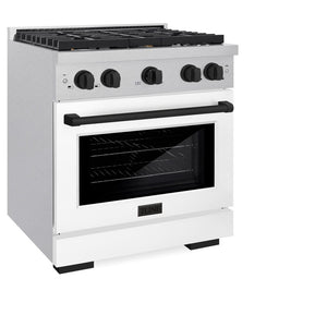 ZLINE Autograph Edition 30 in. 4.2 cu. ft. Paramount Dual Fuel Range with 4 Burner Gas Cooktop and Electric Convection Oven in DuraSnow® Stainless Steel with White Matte Door and Matte Black Accents (SDRSZ-WM-30-MB) side, oven closed.