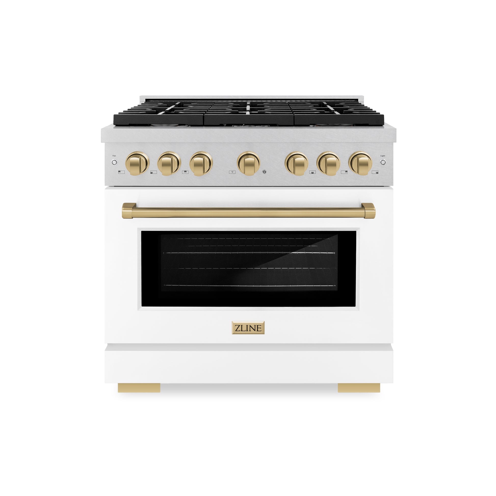 ZLINE Autograph Edition 36 in. 5.2 cu. ft. Paramount Dual Fuel Range with 6 Burner Gas Cooktop and Electric Convection Oven in DuraSnow® Stainless Steel with White Matte Door and Champagne Bronze Accents (SDRSZ-WM-36-CB) front.