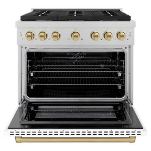 ZLINE Autograph Edition 36 in. 5.2 cu. ft. Paramount Dual Fuel Range with 6 Burner Gas Cooktop and Electric Convection Oven in DuraSnow® Stainless Steel with White Matte Door and Champagne Bronze Accents (SDRSZ-WM-36-CB) front, oven open.