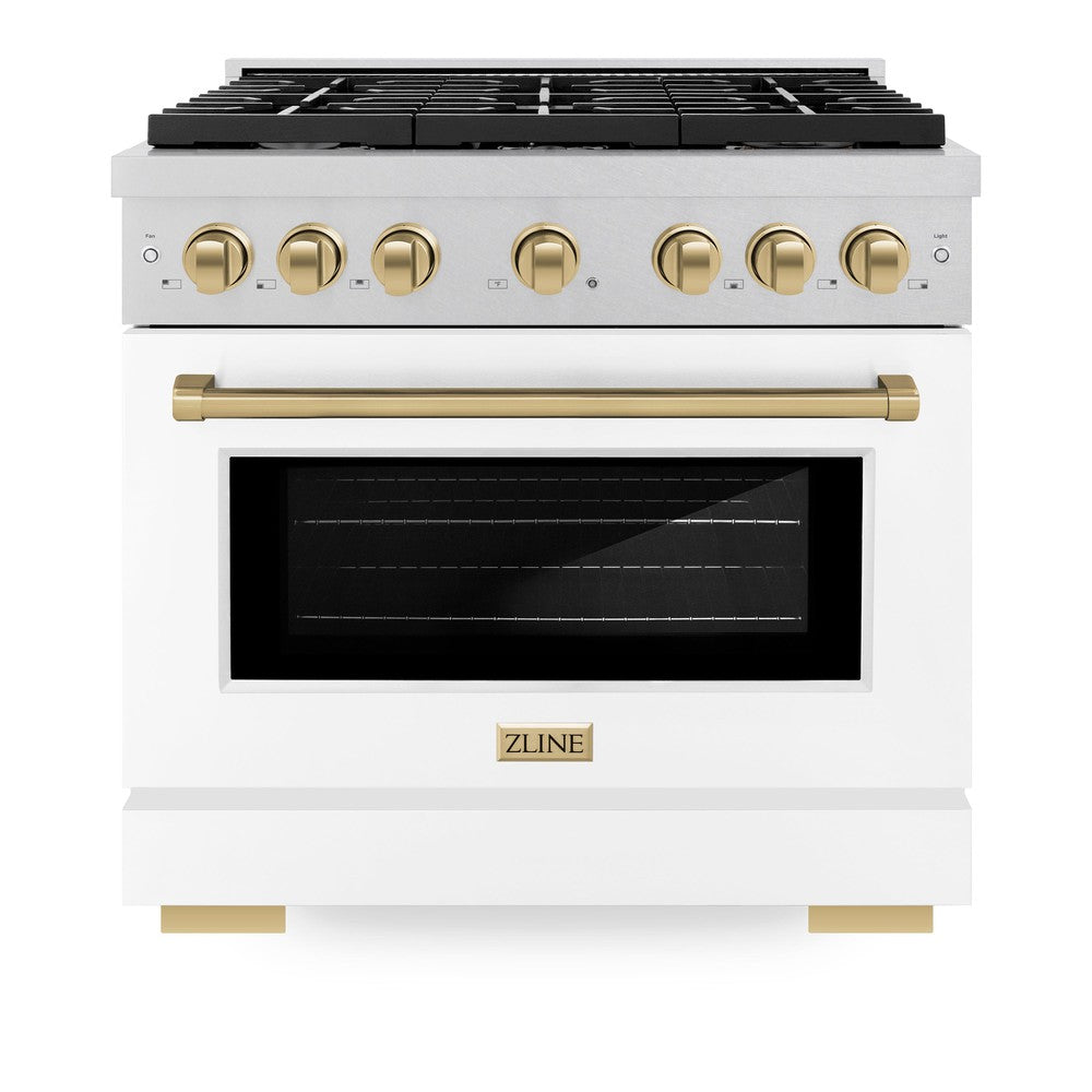 ZLINE Autograph Edition 36 in. 5.2 cu. ft. Paramount Dual Fuel Range with 6 Burner Gas Cooktop and Electric Convection Oven in DuraSnow® Stainless Steel with White Matte Door and Champagne Bronze Accents (SDRSZ-WM-36-CB) front, oven closed.