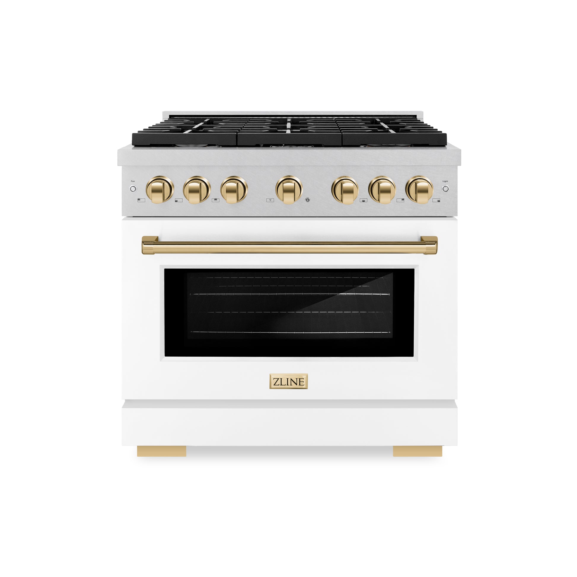 ZLINE Autograph Edition 36 in. 5.2 cu. ft. Paramount Dual Fuel Range with 6 Burner Gas Cooktop and Electric Convection Oven in DuraSnow® Stainless Steel with White Matte Door and Polished Gold Accents (SDRSZ-WM-36-G) front.