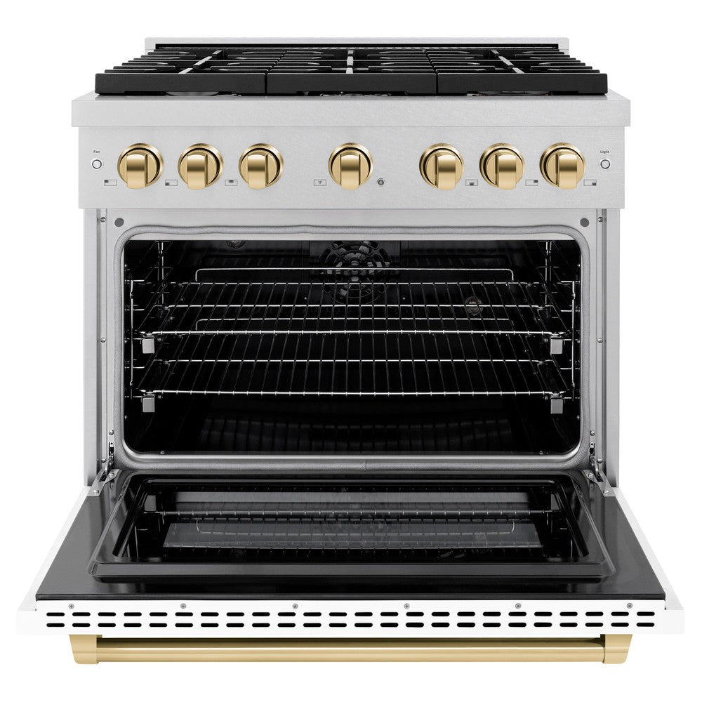 ZLINE Autograph Edition 36 in. 5.2 cu. ft. Paramount Dual Fuel Range with 6 Burner Gas Cooktop and Electric Convection Oven in DuraSnow® Stainless Steel with White Matte Door and Polished Gold Accents (SDRSZ-WM-36-G) front, oven open.