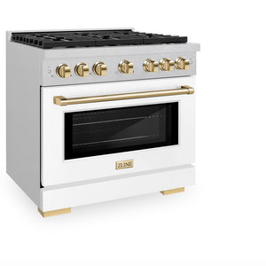 ZLINE Autograph Edition 36 in. 5.2 cu. ft. Paramount Dual Fuel Range with 6 Burner Gas Cooktop and Electric Convection Oven in DuraSnow® Stainless Steel with White Matte Door and Polished Gold Accents (SDRSZ-WM-36-G) side, oven closed.