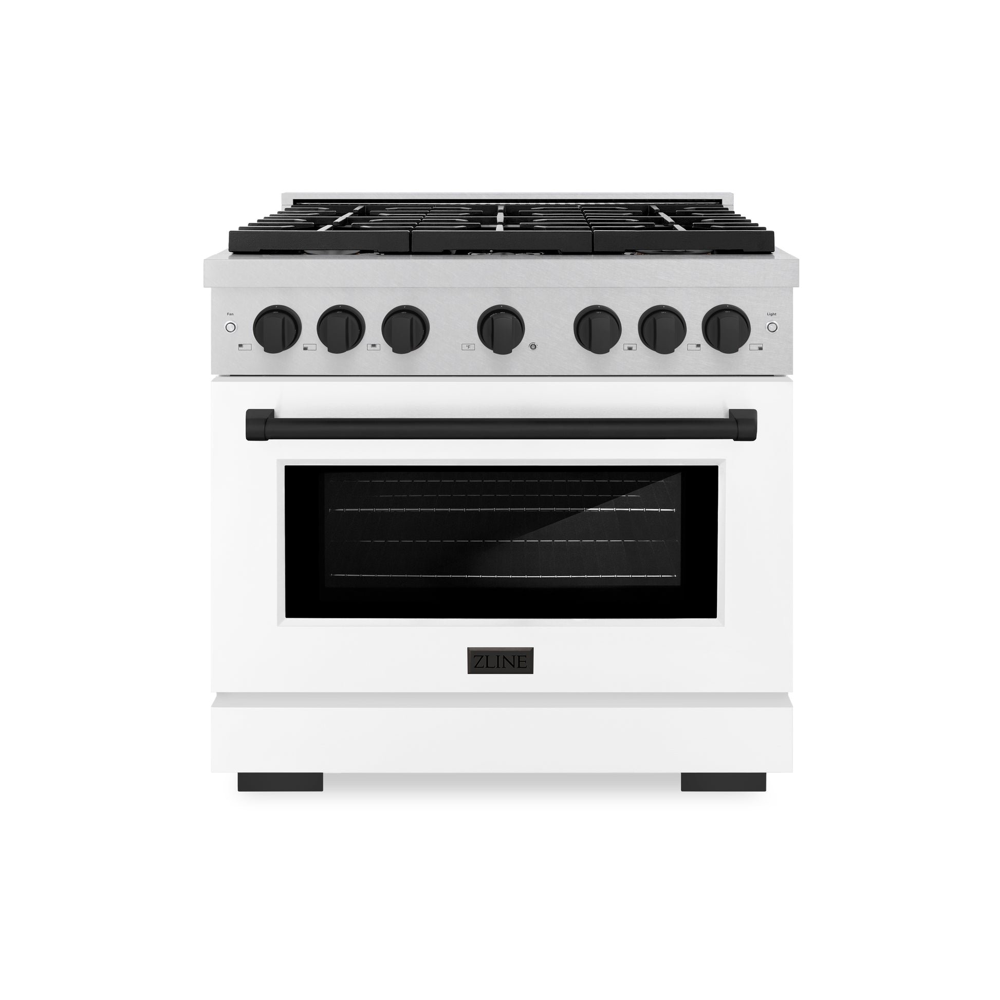 ZLINE Autograph Edition 36 in. 5.2 cu. ft. Paramount Dual Fuel Range with 6 Burner Gas Cooktop and Electric Convection Oven in DuraSnow® Stainless Steel with White Matte Door and Matte Black Accents (SDRSZ-WM-36-MB) front.