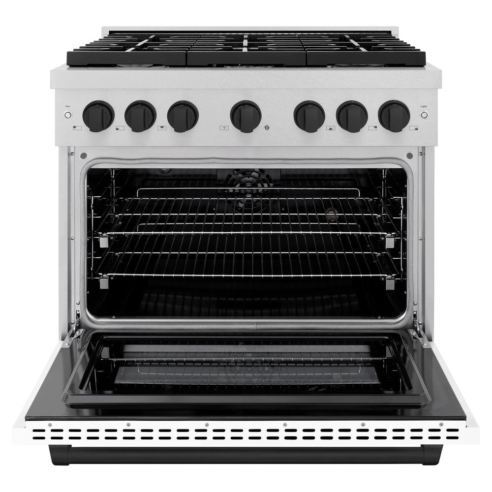 ZLINE Autograph Edition 36 in. 5.2 cu. ft. Paramount Dual Fuel Range with 6 Burner Gas Cooktop and Electric Convection Oven in DuraSnow® Stainless Steel with White Matte Door and Matte Black Accents (SDRSZ-WM-36-MB) front, oven open.