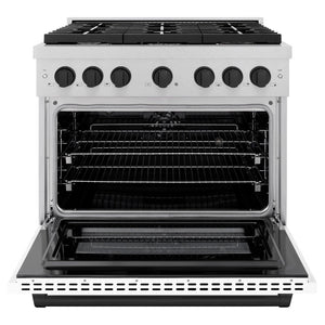 ZLINE Autograph Edition 36 in. 5.2 cu. ft. Paramount Dual Fuel Range with 6 Burner Gas Cooktop and Electric Convection Oven in DuraSnow® Stainless Steel with White Matte Door and Matte Black Accents (SDRSZ-WM-36-MB) front, oven open.