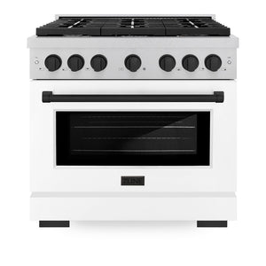 ZLINE Autograph Edition 36 in. 5.2 cu. ft. Paramount Dual Fuel Range with 6 Burner Gas Cooktop and Electric Convection Oven in DuraSnow® Stainless Steel with White Matte Door and Matte Black Accents (SDRSZ-WM-36-MB) front, oven closed.