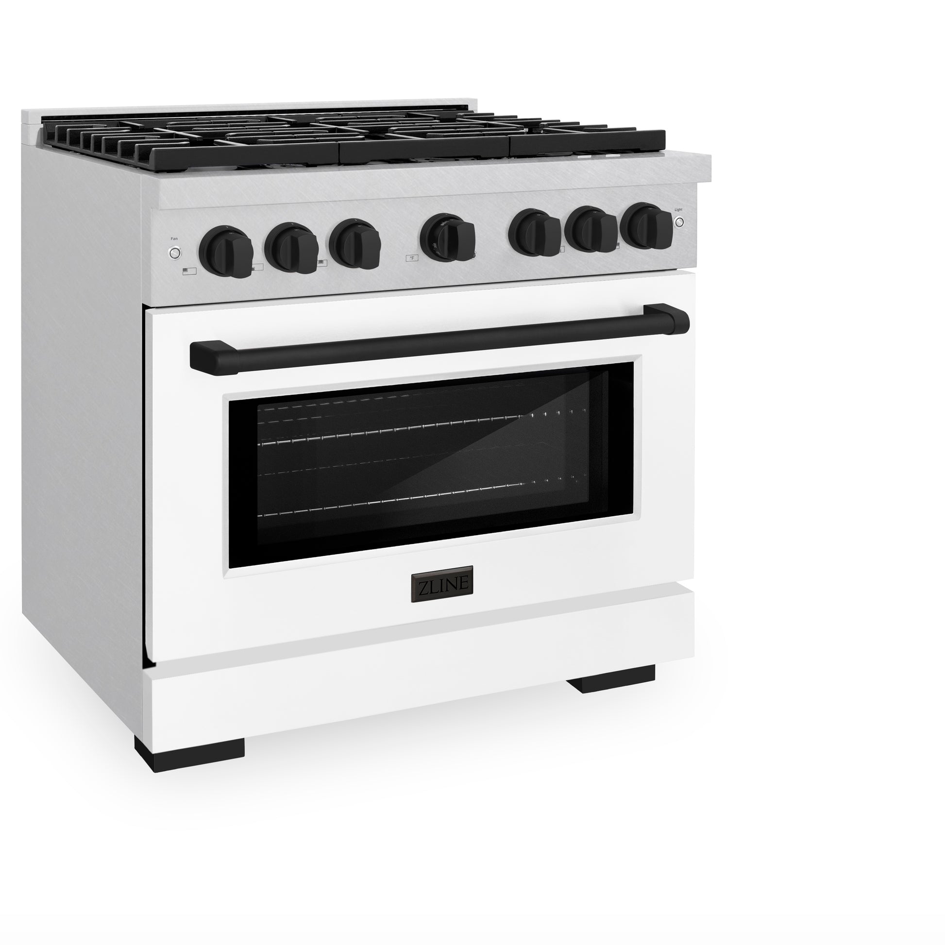 ZLINE Autograph Edition 36 in. 5.2 cu. ft. Paramount Dual Fuel Range with 6 Burner Gas Cooktop and Electric Convection Oven in DuraSnow® Stainless Steel with White Matte Door and Matte Black Accents (SDRSZ-WM-36-MB) side, oven closed.