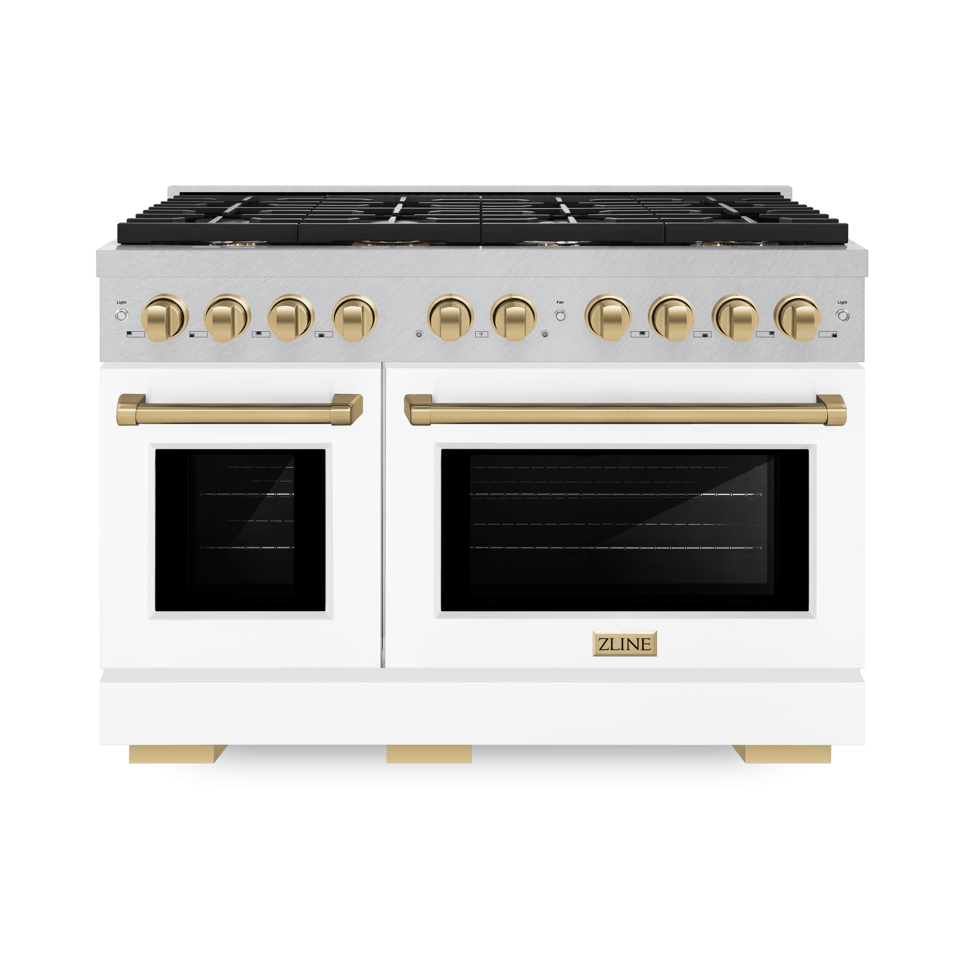 ZLINE Autograph Edition 48 in. 6.7 cu. ft. Paramount Double Oven Dual Fuel Range with 8 Burner Gas Cooktop in DuraSnow® Stainless Steel with White Matte Door and Champagne Bronze Accents (SDRSZ-WM-48-CB) front.