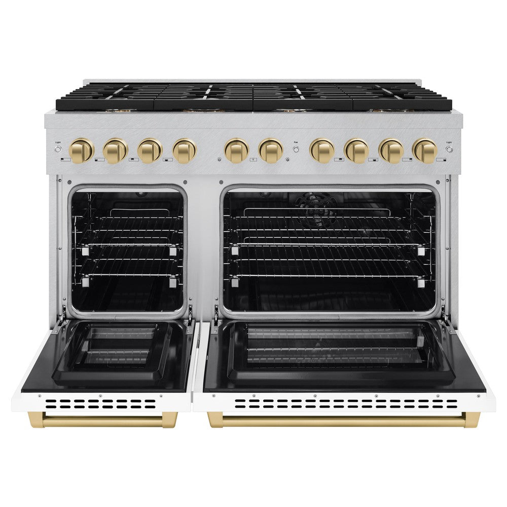 ZLINE Autograph Edition 48 in. 6.7 cu. ft. Paramount Double Oven Dual Fuel Range with 8 Burner Gas Cooktop in DuraSnow® Stainless Steel with White Matte Doors and Champagne Bronze Accents (SDRSZ-WM-48-CB) front, oven open.