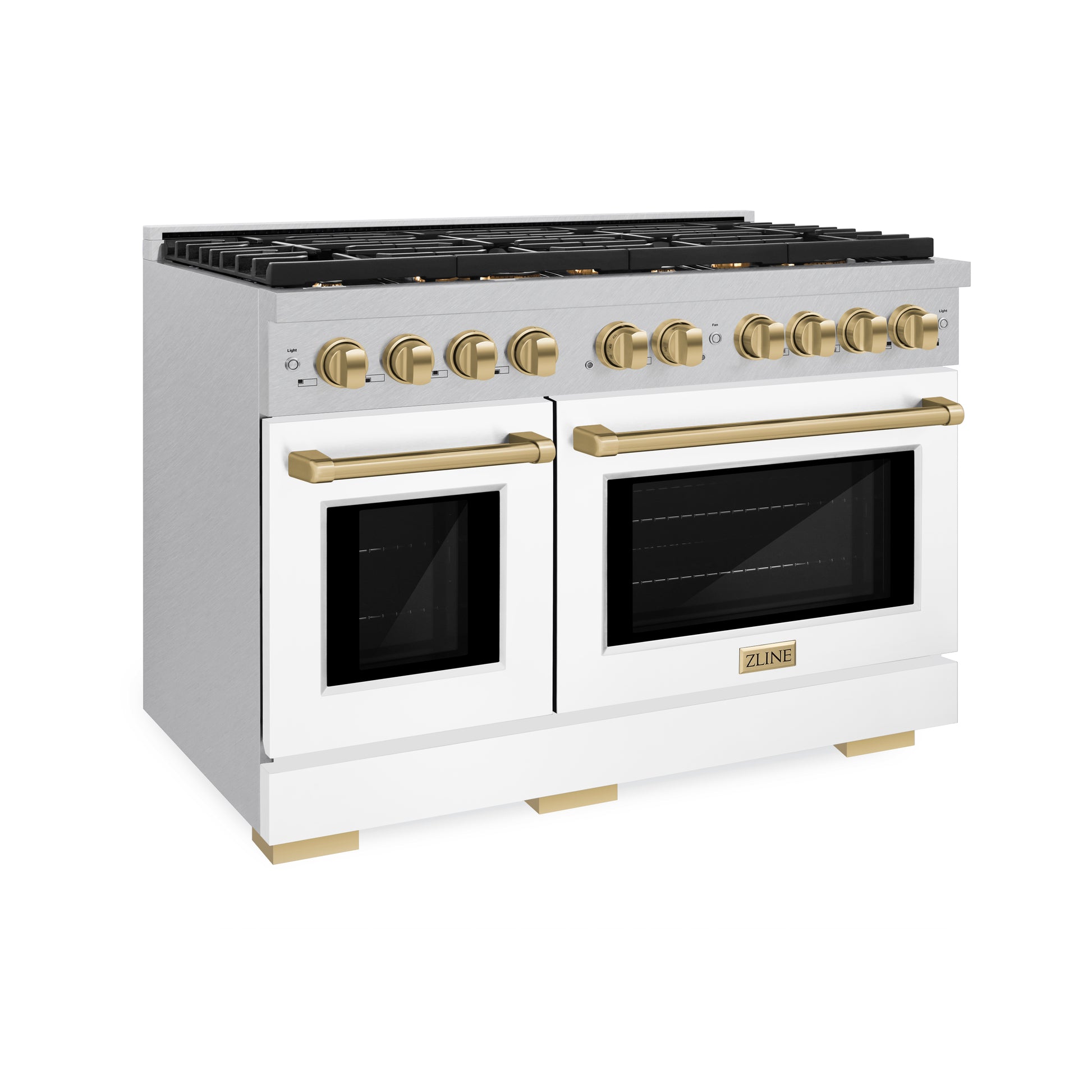 ZLINE Autograph Edition 48 in. 6.7 cu. ft. Paramount Double Oven Dual Fuel Range with 8 Burner Gas Cooktop in DuraSnow® Stainless Steel with White Matte Door and Champagne Bronze Accents (SDRSZ-WM-48-CB)