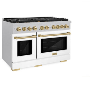 ZLINE Autograph Edition 48 in. 6.7 cu. ft. Paramount Double Oven Dual Fuel Range with 8 Burner Gas Cooktop in DuraSnow® Stainless Steel with White Matte Door and Champagne Bronze Accents (SDRSZ-WM-48-CB) side, oven closed.