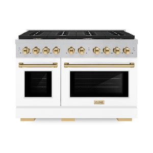 ZLINE Autograph Edition 48 in. 6.7 cu. ft. Paramount Double Oven Dual Fuel Range with 8 Burner Gas Cooktop in DuraSnow® Stainless Steel with White Matte Door and Polished Gold Accents (SDRSZ-WM-48-G) front.