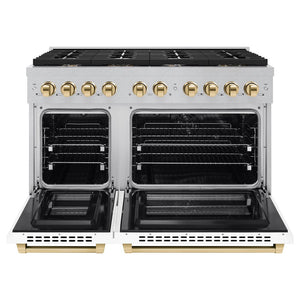 ZLINE Autograph Edition 48 in. 6.7 cu. ft. Paramount Double Oven Dual Fuel Range with 8 Burner Gas Cooktop in DuraSnow® Stainless Steel with White Matte Doors and Polished Gold Accents (SDRSZ-WM-48-G) front, oven open.