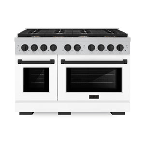 ZLINE Autograph Edition 48 in. 6.7 cu. ft. Paramount Double Oven Dual Fuel Range with 8 Burner Gas Cooktop in DuraSnow® Stainless Steel with White Matte Door and Matte Black Accents (SDRSZ-WM-48-MB) front.