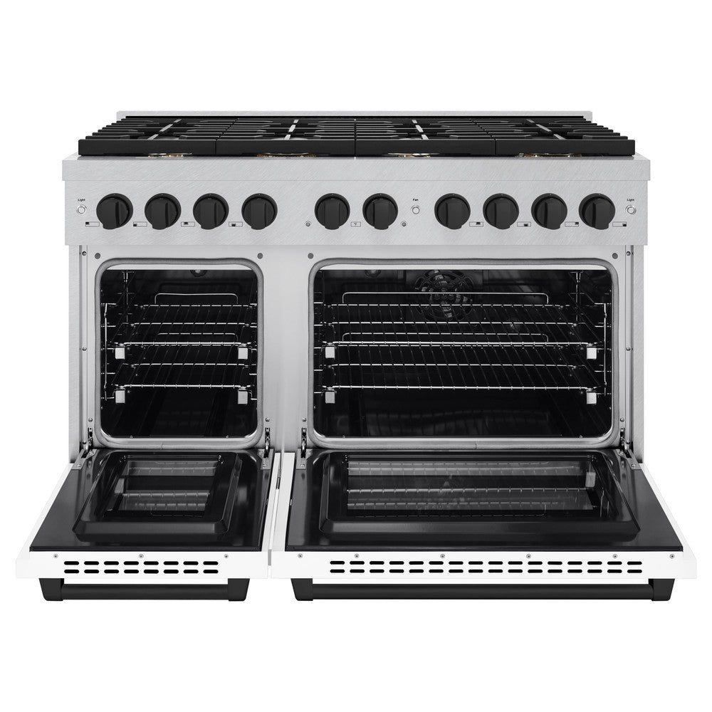 ZLINE Autograph Edition 48 in. 6.7 cu. ft. Paramount Double Oven Dual Fuel Range with 8 Burner Gas Cooktop in DuraSnow® Stainless Steel with White Matte Doors and Matte Black Accents (SDRSZ-WM-48-MB) front, oven open.