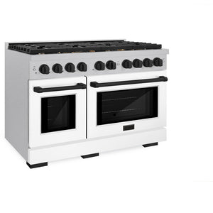 ZLINE Autograph Edition 48 in. 6.7 cu. ft. Paramount Double Oven Dual Fuel Range with 8 Burner Gas Cooktop in DuraSnow® Stainless Steel with White Matte Door and Matte Black Accents (SDRSZ-WM-48-MB) side, oven closed.