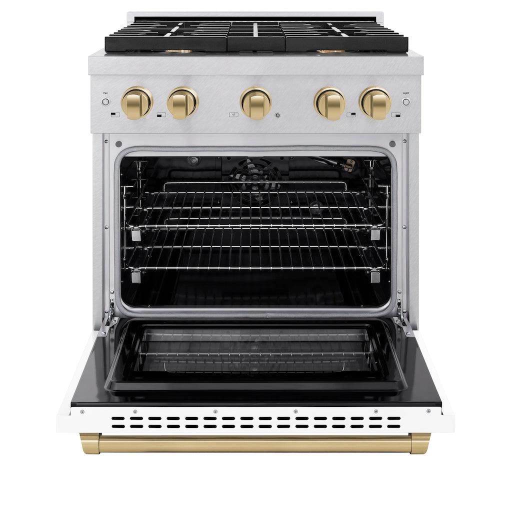 ZLINE Autograph Edition 30 in. 4.2 cu. ft. 4 Burner Gas Range with Convection Gas Oven in DuraSnow® Stainless Steel with White Matte Door and Champagne Bronze Accents (SGRSZ-WM-30-CB) front, with oven open.