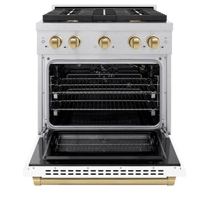 ZLINE Autograph Edition 30 in. 4.2 cu. ft. 4 Burner Gas Range with Convection Gas Oven in DuraSnow® Stainless Steel with White Matte Door and Champagne Bronze Accents (SGRSZ-WM-30-CB) front, with oven open.