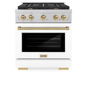 ZLINE Autograph Edition 30 in. 4.2 cu. ft. 4 Burner Gas Range with Convection Gas Oven in DuraSnow® Stainless Steel with White Matte Door and Champagne Bronze Accents (SGRSZ-WM-30-CB) front, oven closed.
