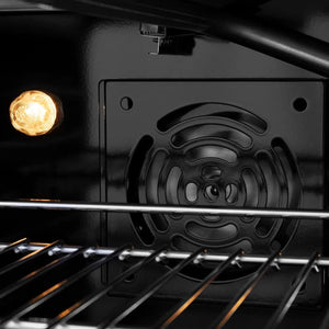 ZLINE Autograph Edition 30 in. 4.2 cu. ft. 4 Burner Paramount Gas Range with Convection Gas Oven in Satin Stainless Steel with White Matte Door and Polished Gold Accents (SGRSZ-WM-30-G) convection fan and lighting inside oven.