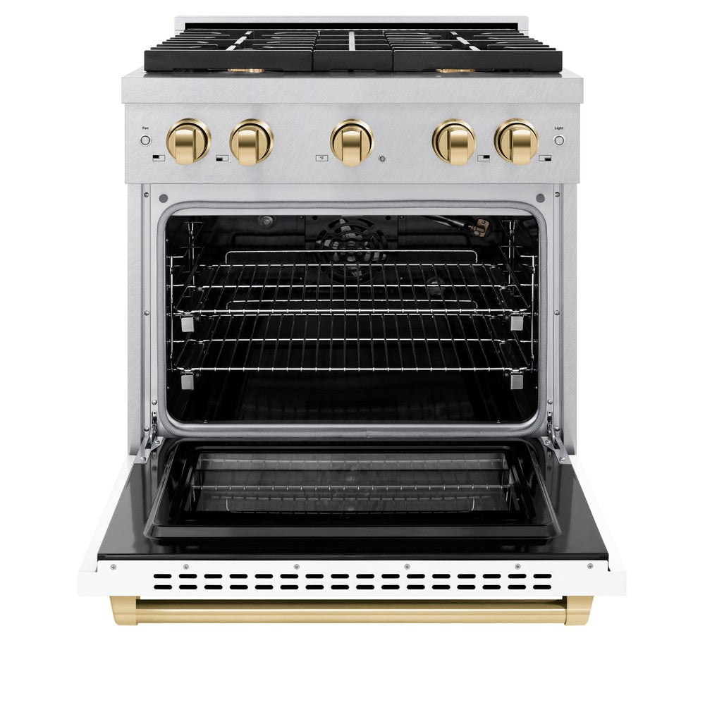 ZLINE Autograph Edition 30 in. 4.2 cu. ft. 4 Burner Gas Range with Convection Gas Oven in DuraSnow® Stainless Steel with White Matte Door and Polished Gold Accents (SGRSZ-WM-30-G) front, oven open.